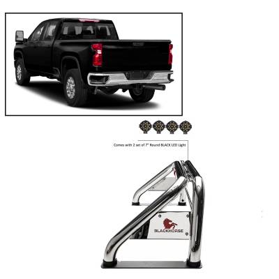 Black Horse Off Road - J | Classic Roll Bar | Stainless Steel | Compatible With Most 1/2 Ton Trucks | W/ Set of 7" Black LED | RB001SS-PLB