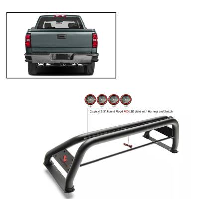 Black Horse Off Road - J | Classic Roll Bar | Black | Compatible With Most 1/2 Ton Trucks | with 2 sets of 5.3" Round Flood Red LED Light | RB001BK-PLFR