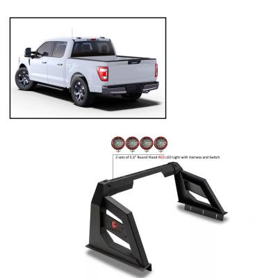 Black Horse Off Road - J | Armour Roll Bar Kit | Black | with 2 sets of 5.3" Round Flood Red LED Light | RB-AR1B-PLFR