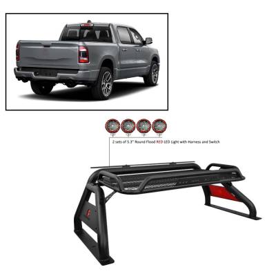 Black Horse Off Road - J | Atlas Roll Bar | Black | Compatible With Most 1/2 TON Trucks | Comes with a set of 5.3” Red Round Flood LED Lights | RB-BA1B-PLFR