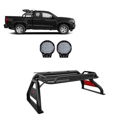 Black Horse Off Road - J | Atlas Roll Bar | Black | Compatible With Most 1/2 Ton Trucks | Comes with a set of 9” Black Round  LED Lights | ATRB-GMCOB-PL69B