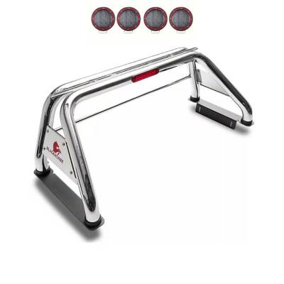Black Horse Off Road - Classic Roll Bar With 2 Sets of 5.3" Red Trim Rings LED Flood Lights-Stainless Steel-Dodge/Ram 2500/3500, Chevrolet/GMC Silverado/Sierra 1500/2500 HD/3500/3500 HD, Ford F-150, Toyota Tundra, Nissan Titan|Black Horse Off Road