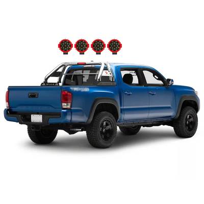 Black Horse Off Road - CLASSIC Roll Bar With 2 pairs of 7.0" Red Trim Rings LED Flood Lights-Stainless Steel-2005-2023 Toyota Tacoma|Black Horse Off Road