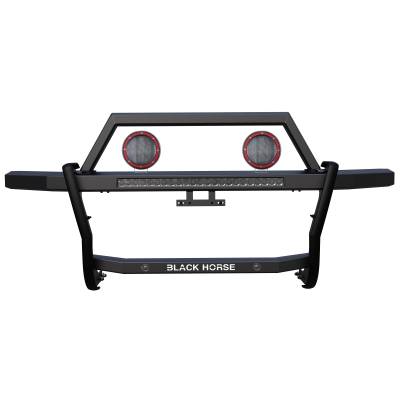 Black Horse Off Road - RAMBLER Grille Guard With Set of 5.3" Red Trim Rings LED Flood Lights and 30" LED Bar Single Row-Black-2021-2023 Ford Bronco|Black Horse Off Road