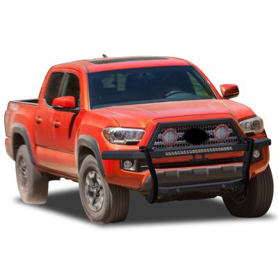 Black Horse Off Road - RAMBLER Grille Guard With Set of 5.3" Red Trim Rings LED Flood Lights and 30" LED Bar Single Row-Black-2005-2023 Toyota Tacoma|Black Horse Off Road