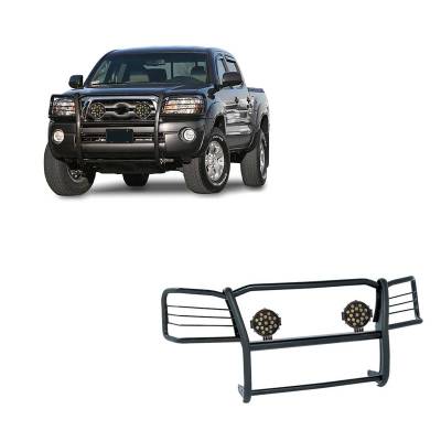 Black Horse Off Road - Grille Guard With Set of 7.0" Black Trim Rings LED Flood Lights-Black-2005-2015 Toyota Tacoma|Black Horse Off Road
