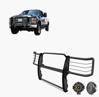 Black Horse Off Road - Grille Guard With Set of 7.0" Black Trim Rings LED Flood Lights-Black-Silverado 2500 HD/Silverado 3500 HD|Black Horse Off Road