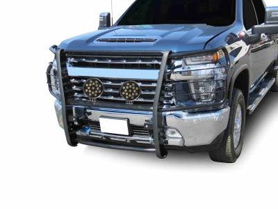 Black Horse Off Road - Grille Guard With Set of 7.0" Black Trim Rings LED Flood Lights-Black-Silverado 3500 HD/Silverado 2500 HD|Black Horse Off Road
