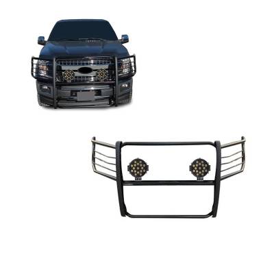 Black Horse Off Road - Grille Guard With Set of 7.0" Black Trim Rings LED Flood Lights-Black-2015-2024 Ford F-150|Black Horse Off Road