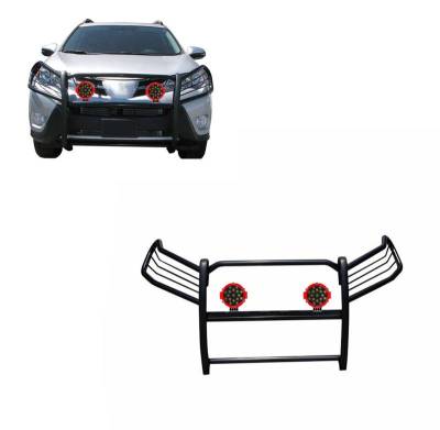 Black Horse Off Road - Grille Guard With Set of 7.0" Red Trim Rings LED Flood Lights-Black-2006-2018 Toyota RAV4|Black Horse Off Road