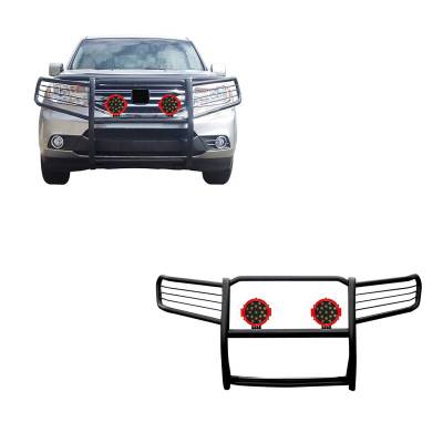 Black Horse Off Road - Grille Guard With Set of 7.0" Red Trim Rings LED Flood Lights-Black-2009-2015 Honda Pilot|Black Horse Off Road
