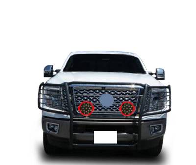 Black Horse Off Road - Grille Guard With Set of 7.0" Red Trim Rings LED Flood Lights-Black-2016-2024 Nissan Titan XD|Black Horse Off Road