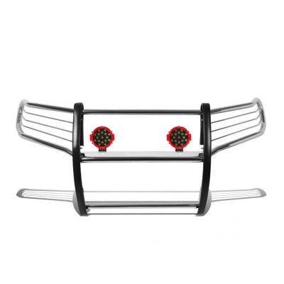 Black Horse Off Road - Grille Guard With Set of 7.0" Red Trim Rings LED Flood Lights-Stainless Steel-Frontier/Pathfinder|Black Horse Off Road