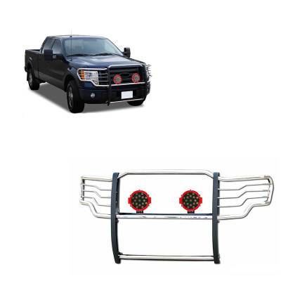 Black Horse Off Road - Grille Guard With Set of 7.0" Red Trim Rings LED Flood Lights-Stainless Steel-2015-2024 Ford F-150|Black Horse Off Road