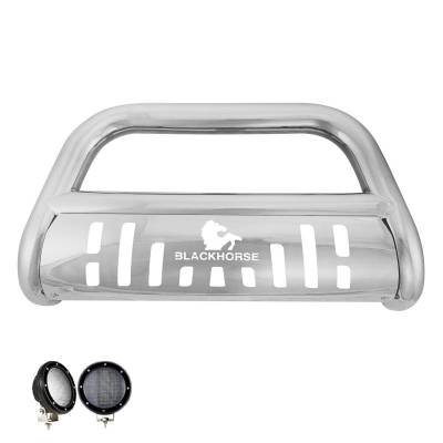 Black Horse Off Road - Bull Bar With Set of 5.3".Black Trim Rings LED Flood Lights-Stainless Steel-2013-2016 Hyundai Santa Fe/2014-2015 Kia Sorento|Black Horse Off Road