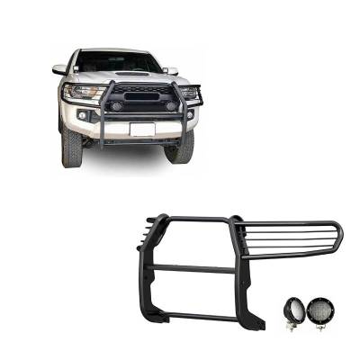 Black Horse Off Road - Grille Guard With Set of 5.3".Black Trim Rings LED Flood Lights-Black-2016-2023 Toyota Tacoma|Black Horse Off Road