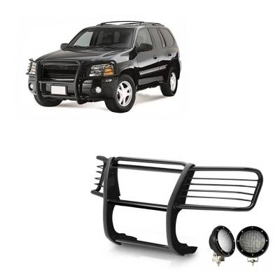 Black Horse Off Road - Grille Guard With Set of 5.3".Black Trim Rings LED Flood Lights-Black-Envoy/Envoy XL|Black Horse Off Road