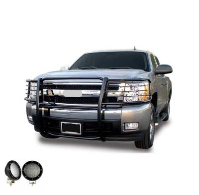 Black Horse Off Road - Grille Guard With Set of 5.3".Black Trim Rings LED Flood Lights-Black-2014-2018 Chevrolet Silverado 1500|Black Horse Off Road