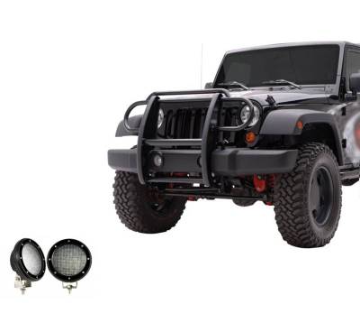 Black Horse Off Road - Grille Guard With Set of 5.3".Black Trim Rings LED Flood Lights-Black-2007-2017 Jeep Wrangler|Black Horse Off Road