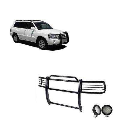 Black Horse Off Road - Grille Guard With Set of 5.3".Black Trim Rings LED Flood Lights-Black-2001-2007 Toyota Highlander|Black Horse Off Road