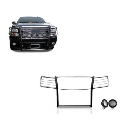 Black Horse Off Road - Grille Guard With Set of 5.3".Black Trim Rings LED Flood Lights-Stainless Steel-Avalanche/Suburban 1500/Tahoe|Black Horse Off Road