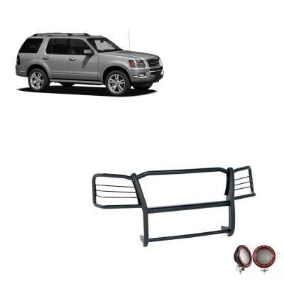 Black Horse Off Road - Grille Guard With Set of 5.3" Red Trim Rings LED Flood Lights-Black-2006-2010 Ford Explorer|Black Horse Off Road