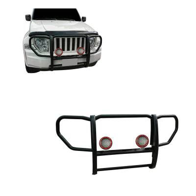 Black Horse Off Road - Grille Guard With Set of 5.3" Red Trim Rings LED Flood Lights-Black-2008-2012 Jeep Liberty|Black Horse Off Road