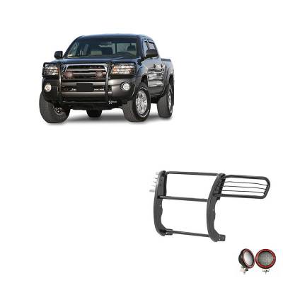 Black Horse Off Road - Grille Guard With Set of 5.3" Red Trim Rings LED Flood Lights-Black-2005-2015 Toyota Tacoma|Black Horse Off Road