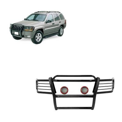 Black Horse Off Road - Grille Guard With Set of 5.3" Red Trim Rings LED Flood Lights-Black-1999-2004 Jeep Grand Cherokee|Black Horse Off Road