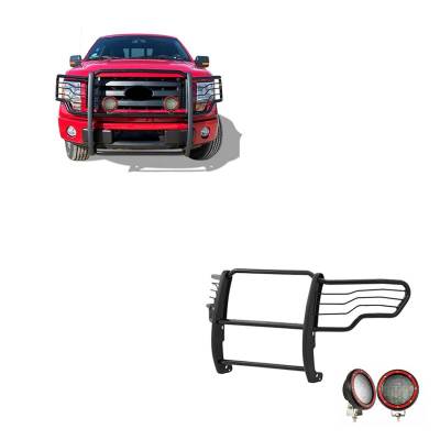 Black Horse Off Road - Grille Guard With Set of 5.3" Red Trim Rings LED Flood Lights-Black-2009-2014 Ford F-150|Black Horse Off Road