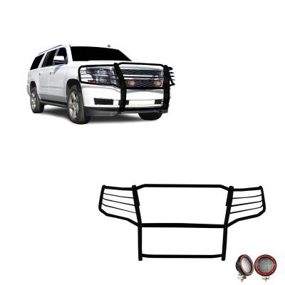 Black Horse Off Road - Grille Guard With Set of 5.3" Red Trim Rings LED Flood Lights-Black-Suburban /Tahoe|Black Horse Off Road
