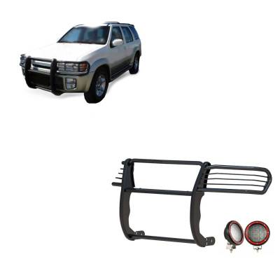 Black Horse Off Road - Grille Guard With Set of 5.3" Red Trim Rings LED Flood Lights-Black-QX4/Pathfinder|Black Horse Off Road