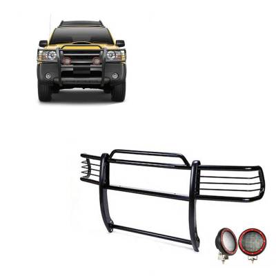 Black Horse Off Road - Grille Guard With Set of 5.3" Red Trim Rings LED Flood Lights-Black-Frontier/Xterra|Black Horse Off Road