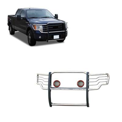 Black Horse Off Road - Grille Guard With Set of 5.3" Red Trim Rings LED Flood Lights-Stainless Steel-2009-2014 Ford F-150|Black Horse Off Road