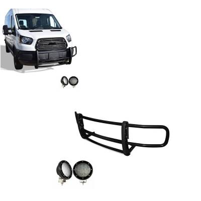 Black Horse Off Road - SPARTAN Grille Guard With Set of 5.3".Black Trim Rings LED Flood Lights-Black-Transit-150/Transit-250/Transit-350|Black Horse Off Road