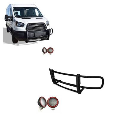 Black Horse Off Road - SPARTAN Grille Guard With Set of 5.3" Red Trim Rings LED Flood Lights-Black-Transit-150/Transit-250/Transit-350|Black Horse Off Road