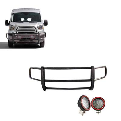 Black Horse Off Road - SPARTAN Grille Guard With Set of 5.3" Red Trim Rings LED Flood Lights-Black-2020-2025 Ford Transit-350 HD 2WD Full Size-Ford Transit-350 2WD Full Size-Ford Transit-250 2WD Full Size-Ford Transit-150 2WD Full Size|Black Horse Off Road