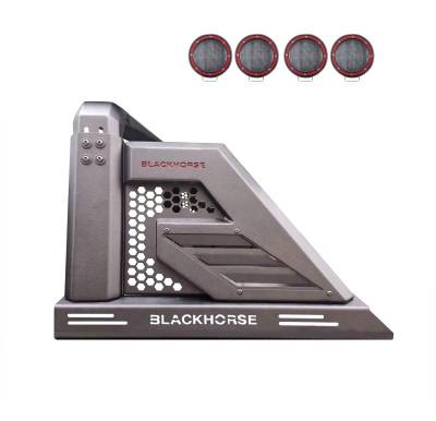 Black Horse Off Road - ARMOUR II Roll Bar With 2 Sets of 5.3" Red Trim Rings LED Flood Lights-Black-2005-2021 Nissan Frontier|Black Horse Off Road