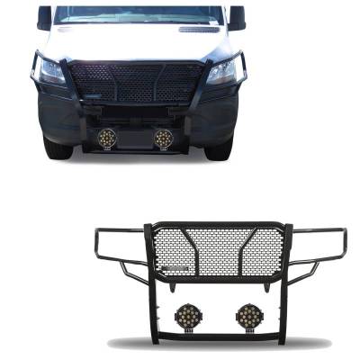 Black Horse Off Road - RUGGED Heavy Duty Grille Guard With Set of 7.0" Black Trim Rings LED Flood Lights-Black-2019-2025 Dodge Sprinter 1500-2500-3500/2019-2025-Benz Sprinter 1500-2500-3500|Black Horse Off Road