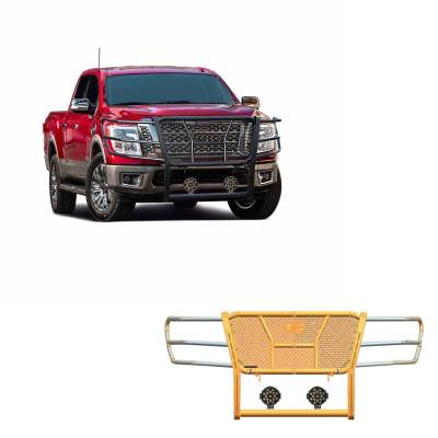 Black Horse Off Road - RUGGED Heavy Duty Grille Guard With Set of 7.0" Black Trim Rings LED Flood Lights-Black-2017-2024 Nissan Titan|Black Horse Off Road