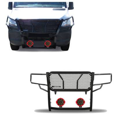 Black Horse Off Road - RUGGED Heavy Duty Grille Guard With Set of 7.0" Red Trim Rings LED Flood Lights-Black-2019-2025 Dodge Sprinter 1500-2500-3500/2019-2025-Benz Sprinter 1500-2500-3500|Black Horse Off Road