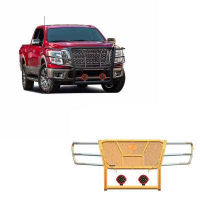 Black Horse Off Road - RUGGED Heavy Duty Grille Guard With Set of 7.0" Red Trim Rings LED Flood Lights-Black-2017-2024 Nissan Titan|Black Horse Off Road