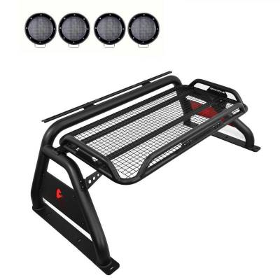 Black Horse Off Road - ATLAS Roll Bar Ladder Rack With 2 Set of 5.3".Black Trim Rings LED Flood Lights-Black-2005-2021 Nissan Frontier|Black Horse Off Road