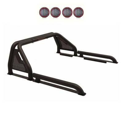 Black Horse Off Road - GLADIATOR Roll Bar Ladder Rack With 2 Sets of 5.3" Red Trim Rings LED Flood Lights-Black-Dodge/Ram 2500/3500, Chevrolet/GMC Silverado/Sierra 1500/2500 HD/3500/3500 HD, Ford F-150, Toyota Tundra, Nissan Titan|Black Horse Off Road