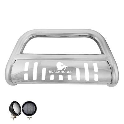 Black Horse Off Road - Bull Bar With Set of 5.3".Black Trim Rings LED Flood Lights-Stainless Steel-2015-2025 Ford Transit-150|Black Horse Off Road