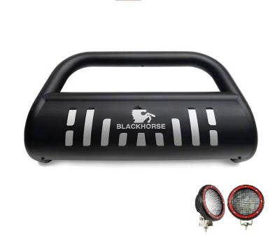 Black Horse Off Road - Bull Bar With Set of 5.3" Red Trim Rings LED Flood Lights-Black-2019-2025 GMC Sierra 1500/2019-2025 Chevrolet Silverado 1500|Black Horse Off Road