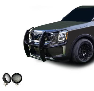 Black Horse Off Road - Grille Guard With Set of 5.3".Black Trim Rings LED Flood Lights-Black-2020-2024 Kia Telluride|Black Horse Off Road