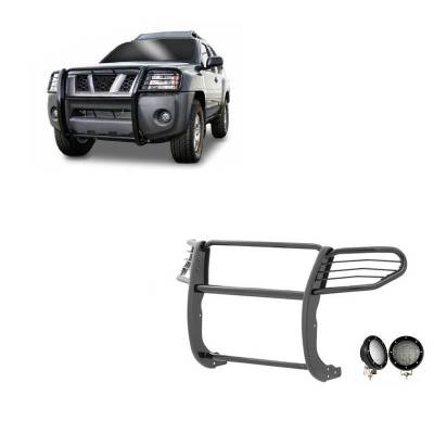 Black Horse Off Road - Grille Guard With Set of 5.3".Black Trim Rings LED Flood Lights-Black-2005-2015 Nissan Xterra|Black Horse Off Road