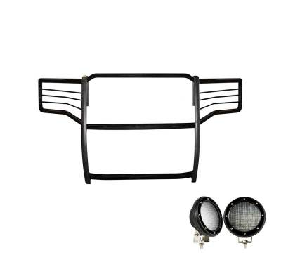 Black Horse Off Road - Grille Guard With Set of 5.3".Black Trim Rings LED Flood Lights-Black-Sierra 2500 HD/Sierra 3500 HD|Black Horse Off Road