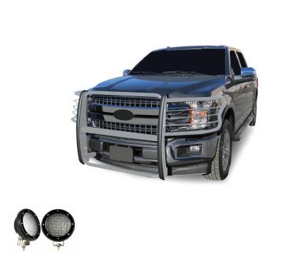 Black Horse Off Road - Grille Guard With Set of 5.3".Black Trim Rings LED Flood Lights-Stainless Steel-2015-2024 Ford F-150|Black Horse Off Road